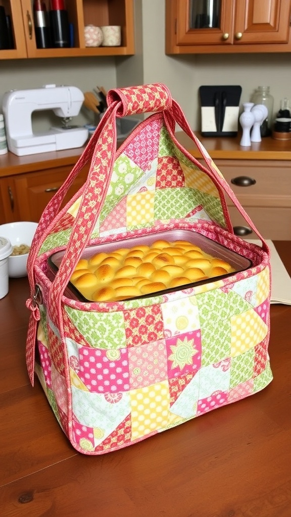 A colorful quilted casserole carrier with a casserole dish inside, displayed in a bright kitchen.